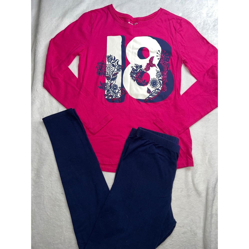 Arizona Jeans Co Girls Pink Long Sleeve Top Navy Leggings Set Size XL 16